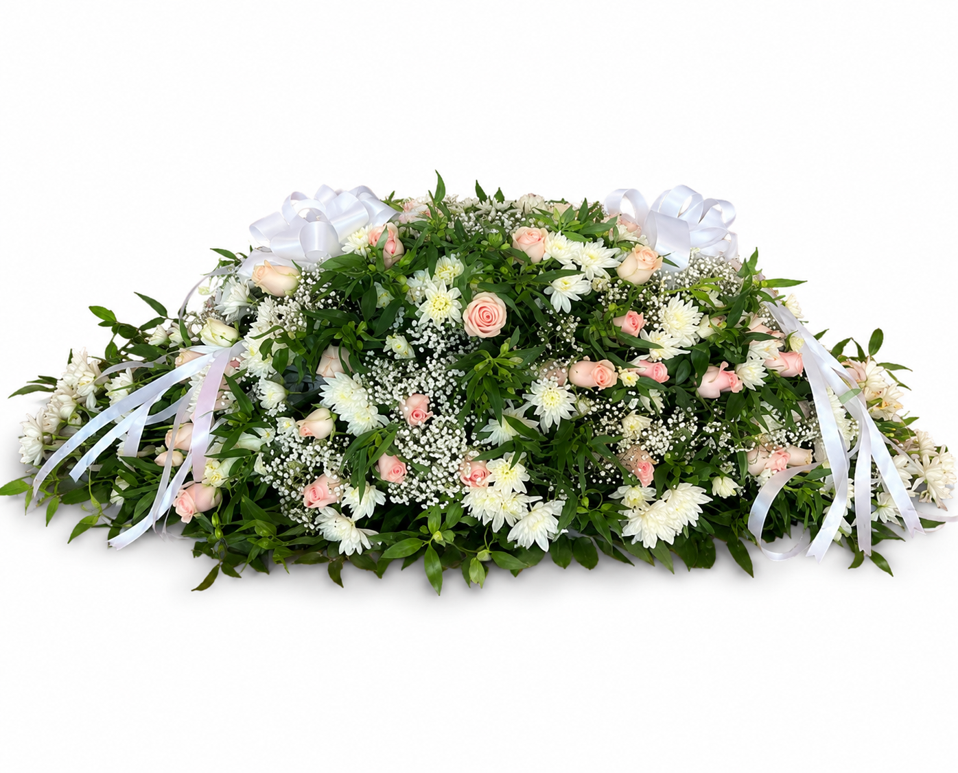 Soft floral arrangement, evoking a peaceful memorial setting