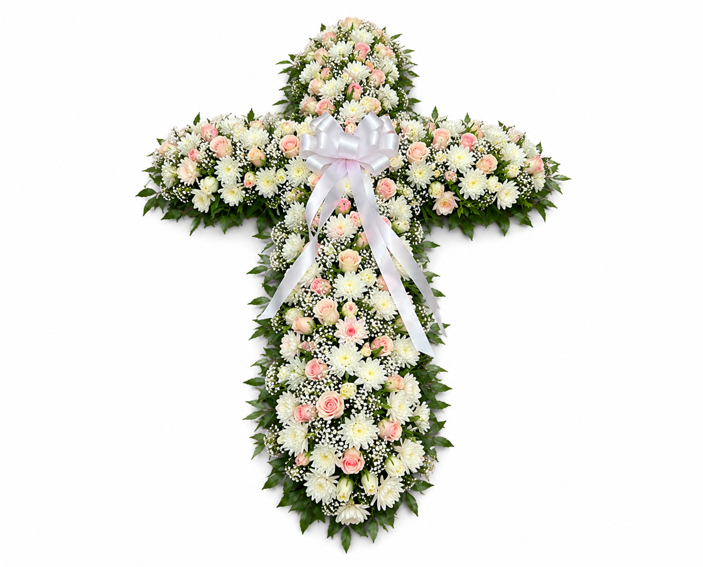 Cross-shaped floral tribute with white and pink flowers