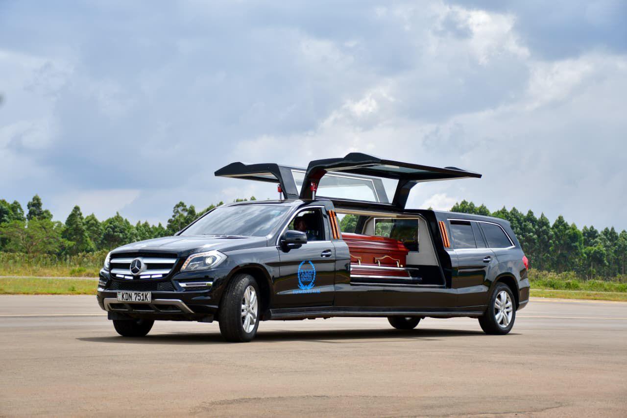 Mercedes-Benz GL 550 Limousine Hearse with limousine doors open, side view showing the casket compartment