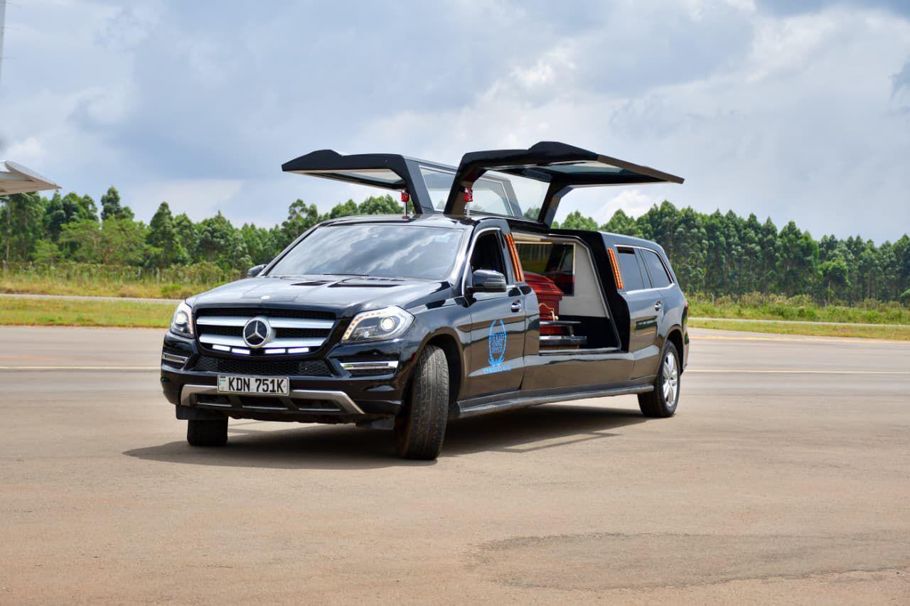 Mercedes-Benz GL 550 Limousine Hearse front three-quarter view with limousine doors raised