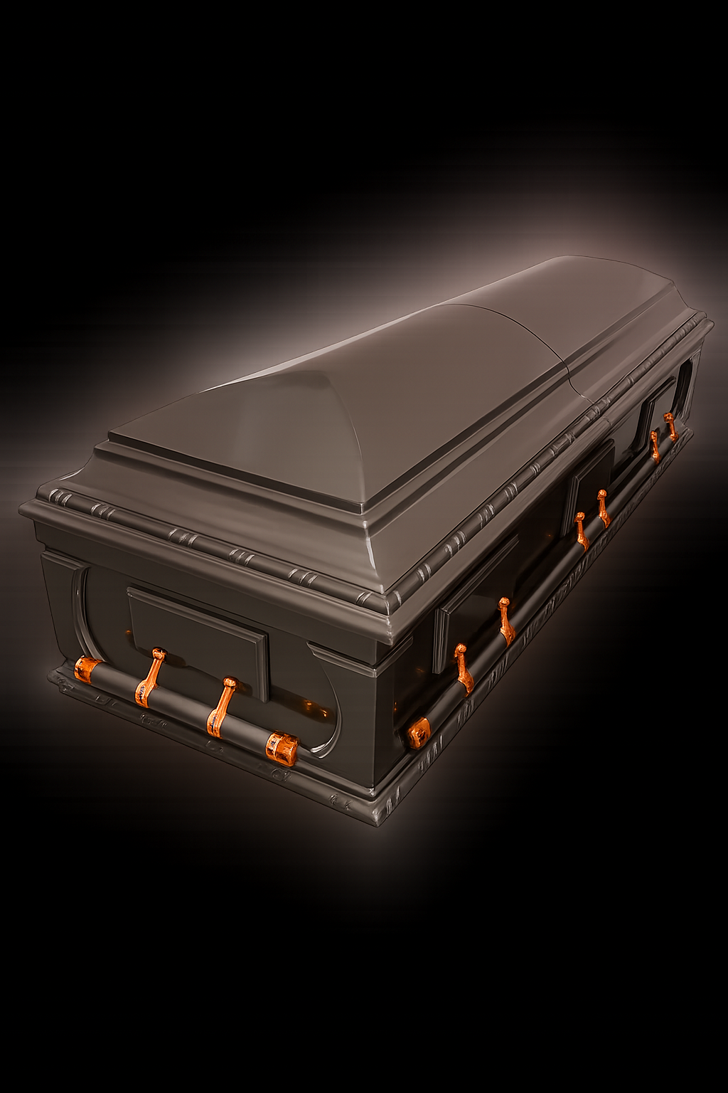 Gunmetal grey casket with copper-tone handles and hardware