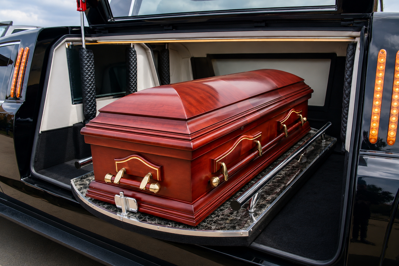 Mahogany casket with gold-tone handles loaded in the hearse for transport