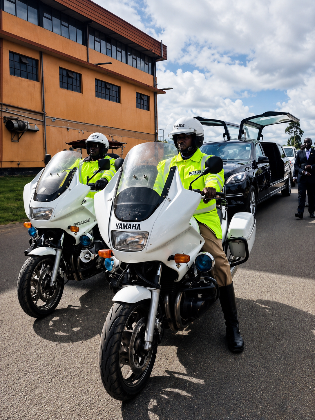 Mercedes-Benz limousine hearse in procession with a police motorcycle escort