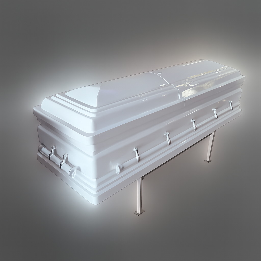 White glossy casket with silver-tone handles and casket stand