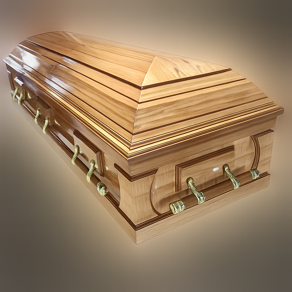 Polished light oak wooden casket with brass-tone handles